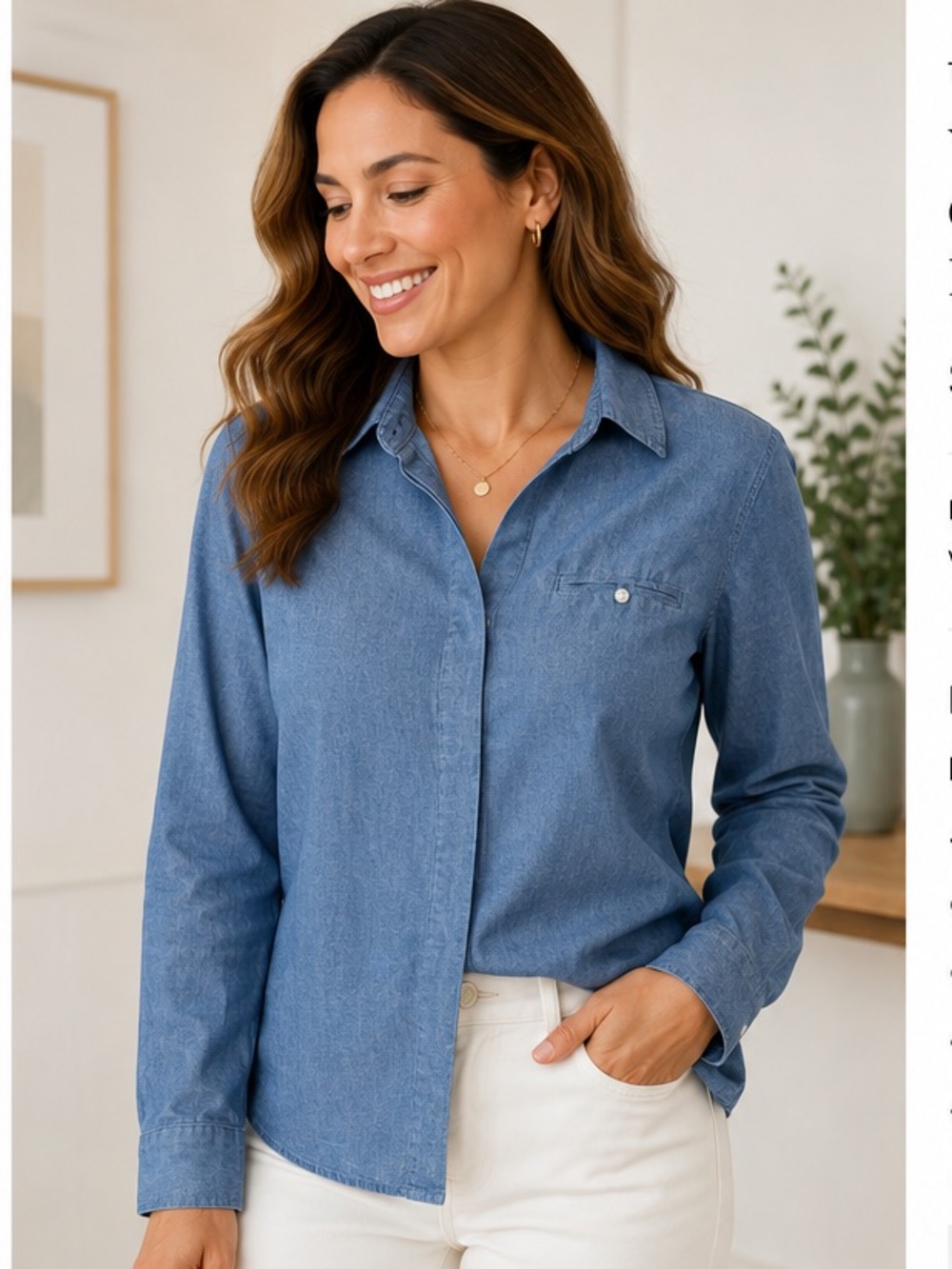 Vintage Talbots Blue Chambray Shirt Hidden Button 100% Cotton M